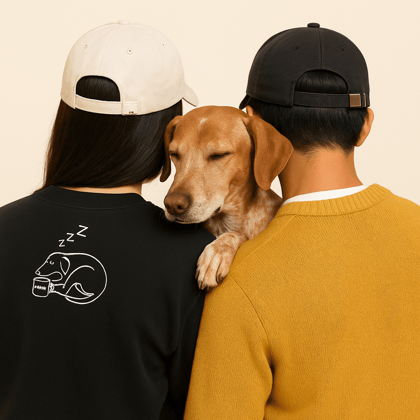 Couple with a dog wearing meme style embroidery from the back
