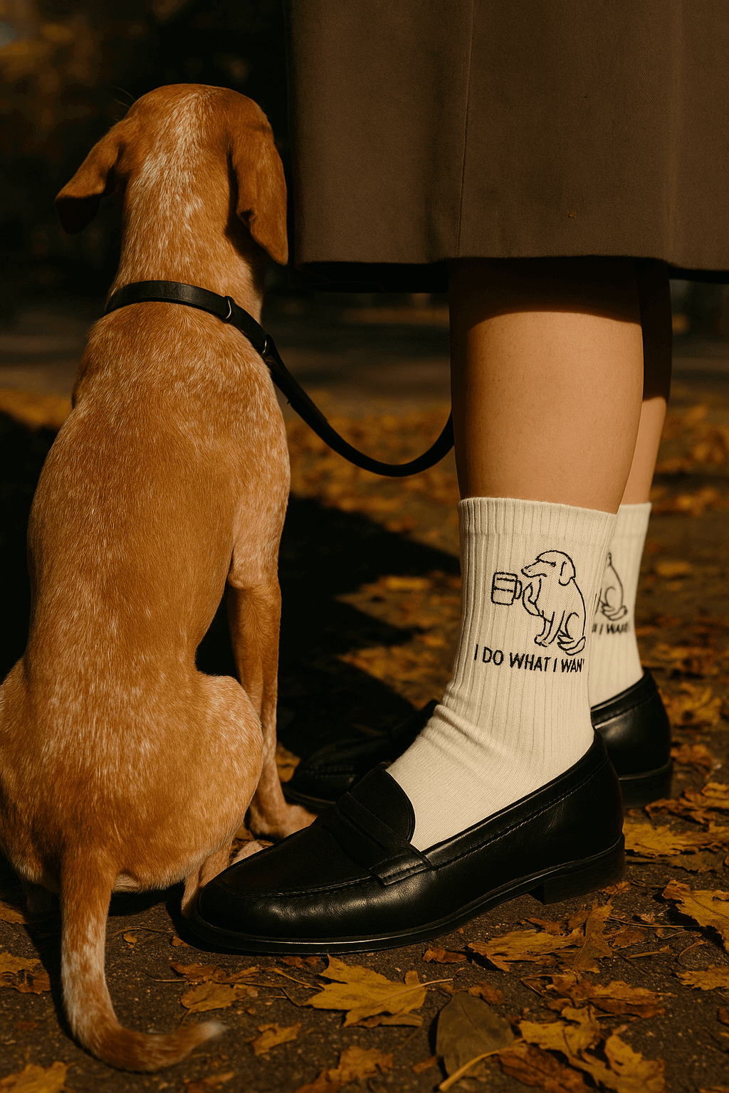 Person walking a dog wearing meme-style embroidery