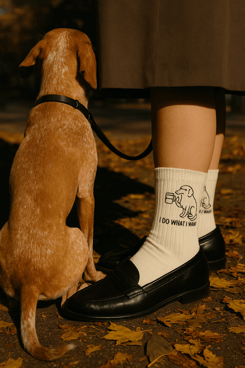 Person with socks and dog wearing meme-style embroidery