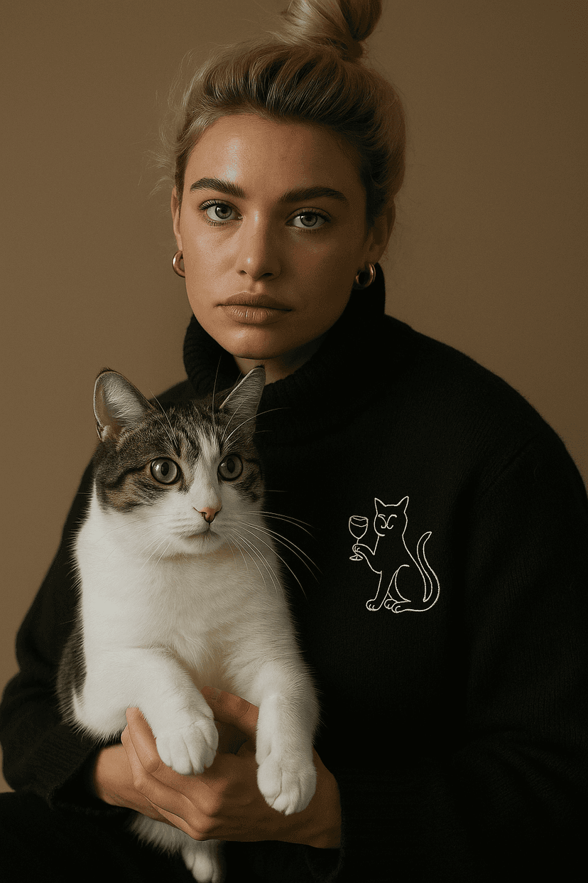 A woman with a cat wearing meme style embroidery on a black sweatshirt