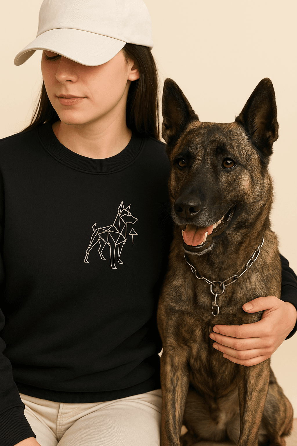 Woman sitting with a dog wearing geometric minimalist embroidery