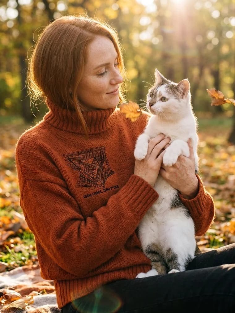 A woman with a cat climbing into her lap, wearing an embroidered coat