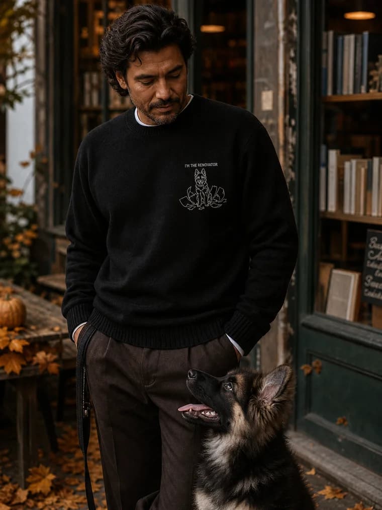 A woman with a German shepherd puppy, wearing an embroidered sweater