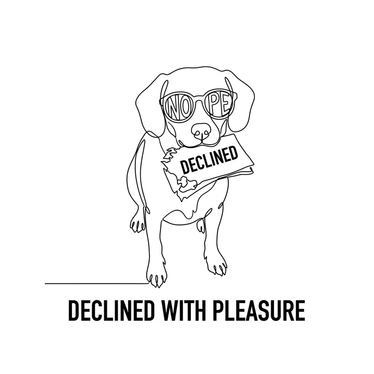 A one-line design of a beagle in NOPE sunglasses holding a chewed passport